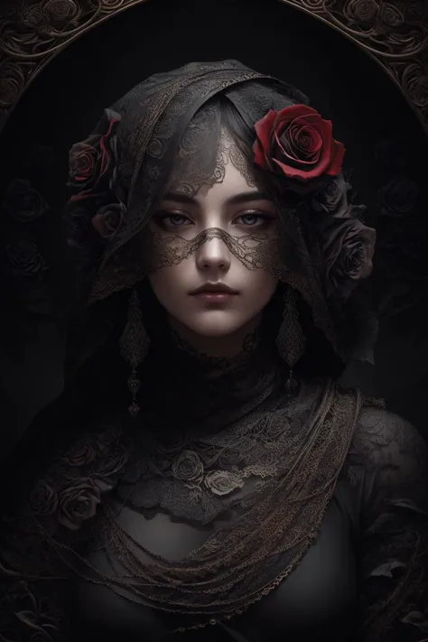 a woman with a rose in her hair and a veil