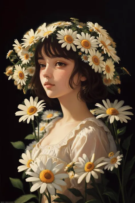 a painting of a girl with daisies in her hair