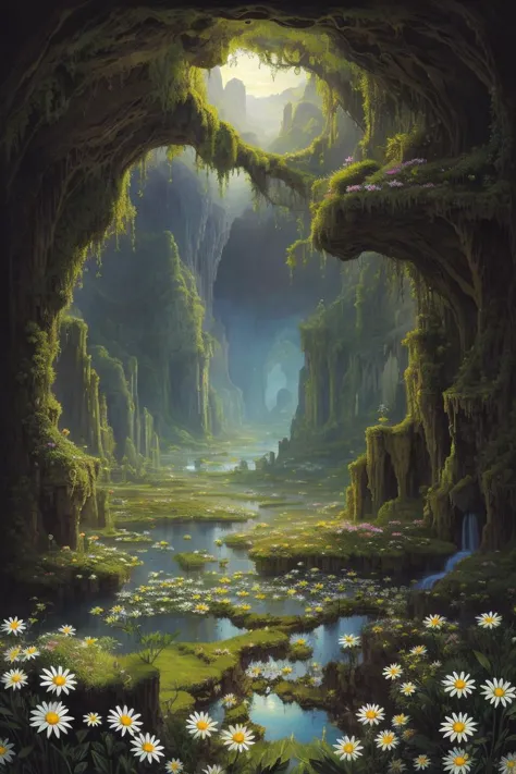 a painting of a cave with flowers and water