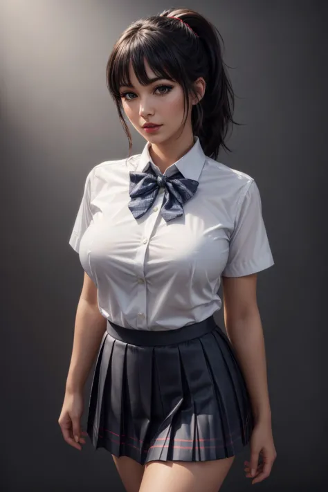 (ultra realistic,32k, masterpiece:1.2),(high detailed skin:1.1),( 8k uhd, dslr, high quality:1.1),
 1girl, black hair, ponytail and bangs,<lora:School Dress By Stable Yogi:0.5>school uniform, bow-tie, white shirt, pleated skirt, (short skirt:1.1),, , <lora:add_detail:0.81>, (red lips:0.8), (mascara:1.1),(huge breast:0.9),
(looking at viewer, portrait:1.1),
,(iridescence:1.1),blank background