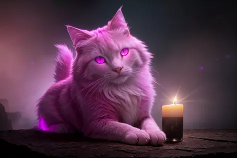 purple cat with glowing eyes sitting next to a lit candle