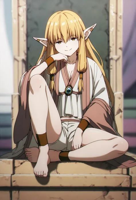 1girl, <lora:serie_ponyxl_v8:1>, serie, blonde hair, long hair, pointy ears, yellow eyes, half-closed eyes, solo, small breasts, BREAK
barefoot, bracelet, jewelry, robe, wide sleeves, anklet, ear piercing, ear bar, white shorts, hair tubes, BREAK
(close-up), full body, sitting, smile, arm support, cleavage, indian style, hand on own face, full body, BREAK
throne, blurry background, BREAK
score_9, score_8_up, score_7_up, score_6_up, anime