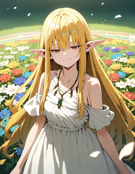 score_9, score_8_up, score_7_up, <lora:serie_ponyxl_v8:0.7> 1girl, serie, long hair, blonde hair, pointy ears, yellow eyes, half-closed eyes, gradient eyes, white dress, bare shoulders, necklace, jewelry, off shoulder, flower field, rainbow flare, rainbow gradient, floating, petals, depth of field, smug