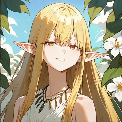 anime girl with long blonde hair and green eyes standing in front of flowers