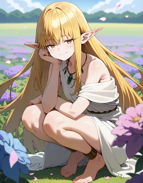 a woman sitting in a field of flowers with a sword