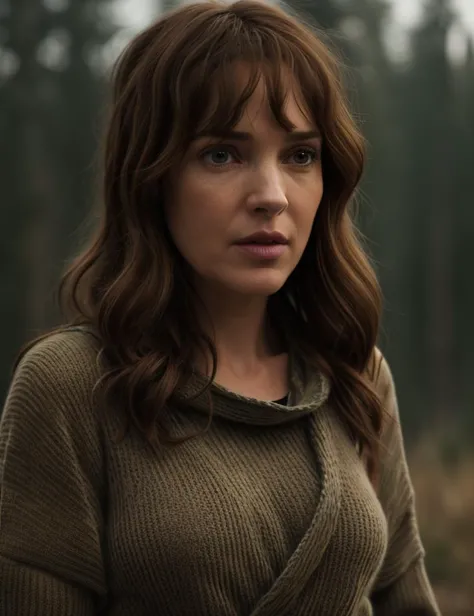 a woman in a green sweater standing in a forest