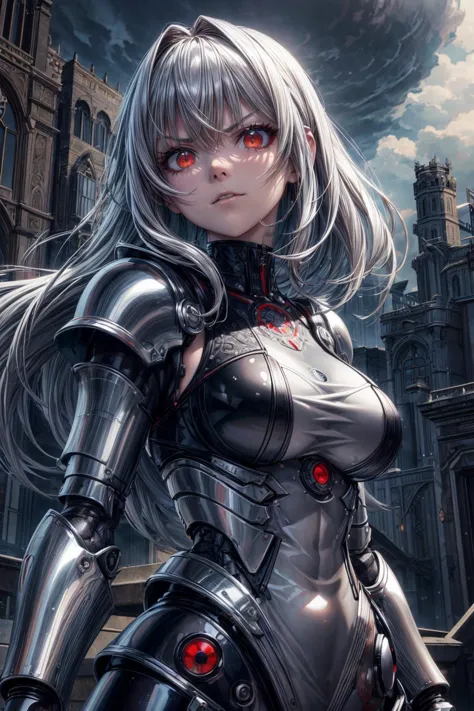 (best quality:1.4), (intricate details:1.2), hyperrealistic, 3d render,   <lora:add_detail:0.5>
1 girl, adult german woman,  red eyes, gray beach waves hair, 
 solo, upper body, detailed background, detailed face, (<lora:ChromeTech:0.6>, scifi,  metallic, chrometech theme:1.1), bloodshot eyes, evil champion, vampiric, angry expression, ominous presence, gray clothes, heavy plated armor,     mysterious  dynamic pose,  vultures in background, netherworld in background, shadowy dark sinister atmosphere, stormclouds,