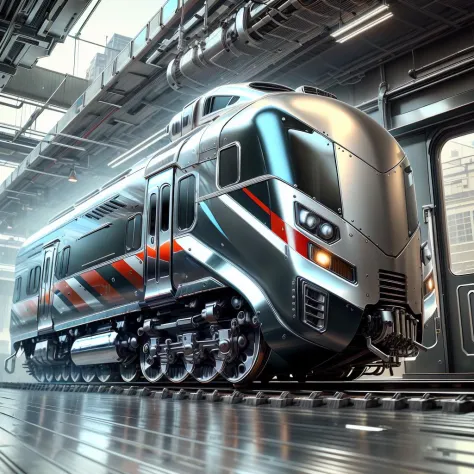 chrome tech, sci-fi,  futuristic, metallic, chrome, locomotive, Electric locomotive high speed bullet train, rails, train station,  <lora:ChromeTech:1>