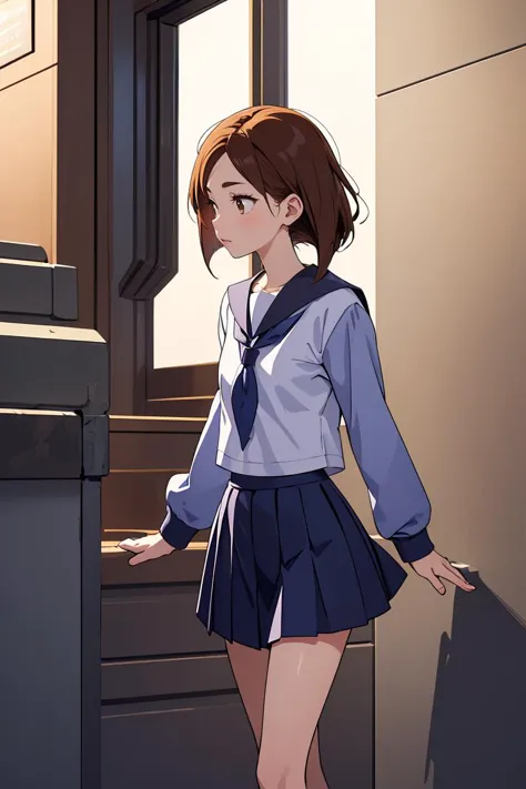 anime girl in school uniform standing in front of a printer