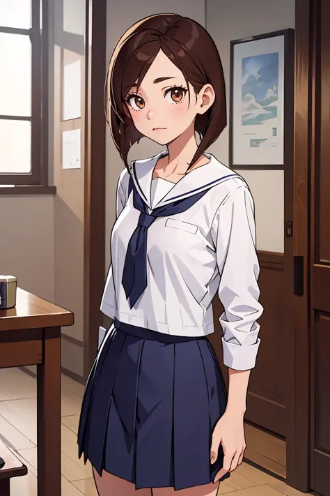 anime girl in uniform standing in a room with a desk