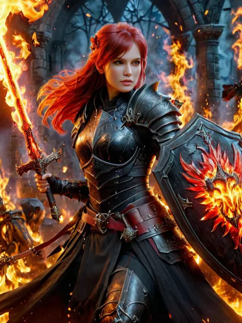 an action shot of a fantasy game woman paladin with red flaming hair wielding a fire sword and fire shield, wearing black armor,...