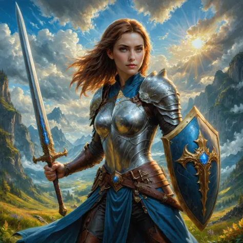 by  Christophe Vacher  and  J. Scott Campbell in the style of  Phil Koch ,   character, sword and shield <lora:sword_and_shield:...