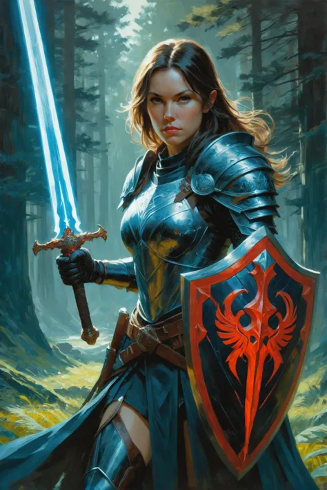 a woman in armor holding a sword in a forest