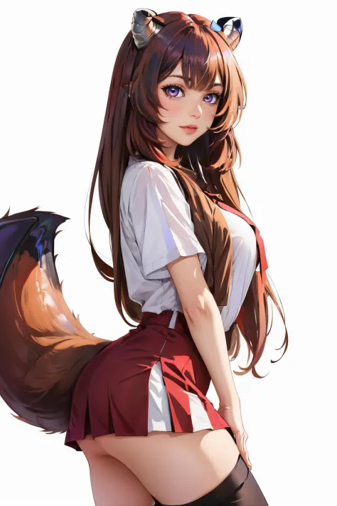 raphtalia,long hair, animal ears, raccoon ears, raccoon girl, raccoon tail, very long hair,  large breasts, wearing miniskirt and white shirt