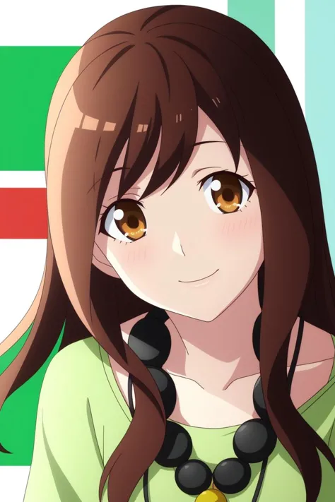 anime girl with long brown hair and green shirt with necklace