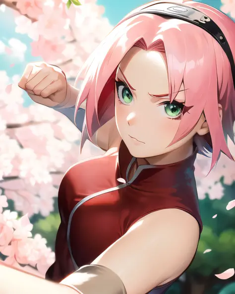 haruno sakura, naruto \(series\), naruto shippuuden, anime art style, masterpiece, 

looking at viewer, upper body, 

fighting pose, clenched hands, closed hands, contracted fingers, arm stretched out, raised fist, about to punch, detailed fist,  focus fist,

red shirt, shirt, short hair, sleeveless, sleeveless shirt, forehead protector, hairband, konohagakure symbol on hairband, 

1girl, solo, bangs, breasts, closed mouth, elbow sleeve, eyes visible through hair, floating hair, foreshortening, green eyes, hair intakes, parted bangs, pink hair, small breasts, v-shaped eyebrows, detailed background, outdoor, cherry blossoms, sky, cloud, wind, day, sunlight,