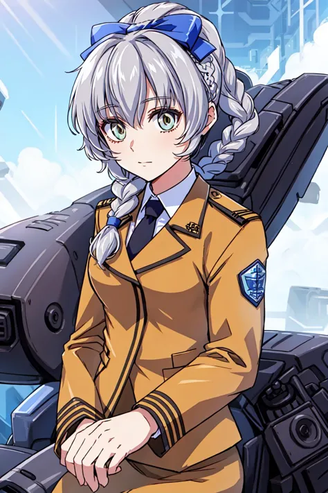 1girl, solo, braided ponytail, single braid, grey eyes, grey hair, military uniform, black necktie, blue bow, brown skirt, <lora...