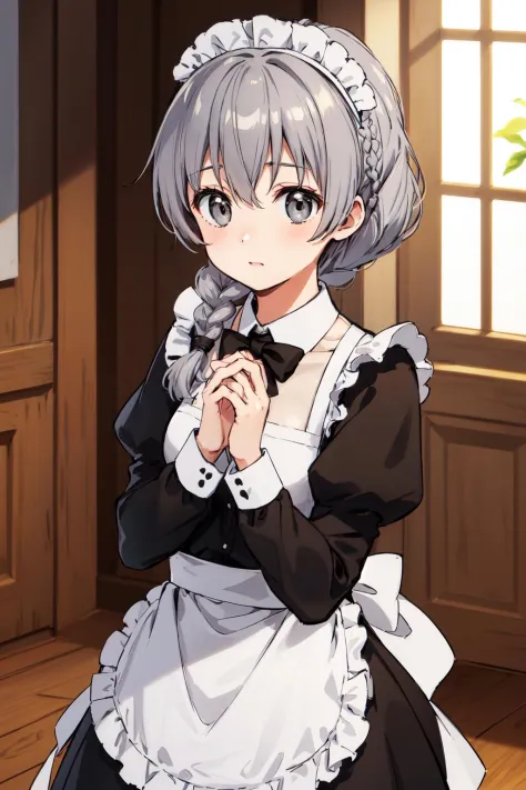 masterpiece, best quality, highres, 1girl, solo, braided ponytail, single braid, grey eyes, grey hair, maid, maid headdress, maid apron, indoors, own hands together,
