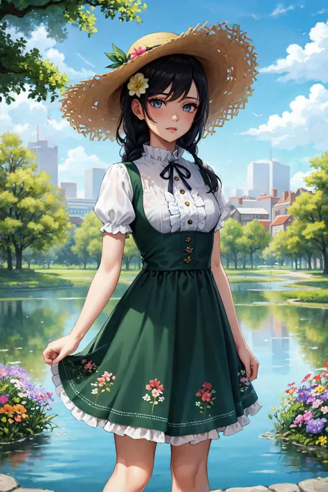 (masterpiece:1.2), (best quality:1.2), perfect eyes, perfect face, volumetric lighting, 1girl, mature female, small breast, colorful summer dress, flower pattern, puffy sleeves, frills, lace, straw hat, ribbons, standing in a park, pond, trees, flowers, city skyline in the background, long braid, hair in the wind