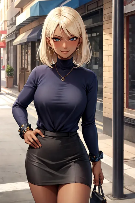 a woman in a short skirt and a blue shirt is standing on a street corner