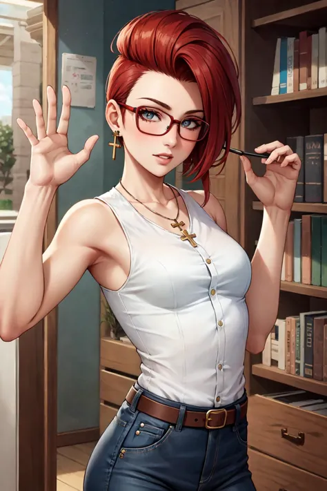 a woman with red hair and glasses holding a pen in her hand