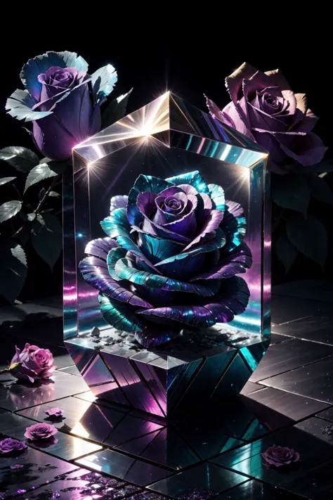 purple roses in a glass cube with a black background