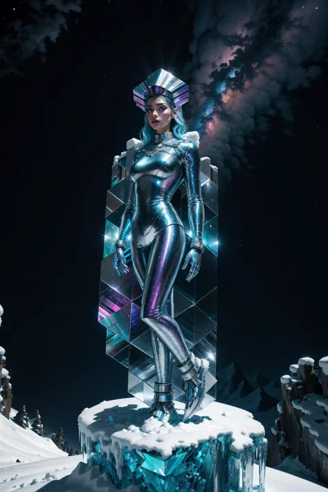 bismuth_texture, an ice woman standing on a snowy cliff at night <lora:bismuth_texture_v2:0.3>, <lora:add_detail:0.25> <lora:rea...