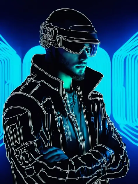 (close-up, upper body:1.3), portrait of a cyberpunk man dons a tech-coat, a tech helmet, neon lights background, <lora:Lines_Clo...