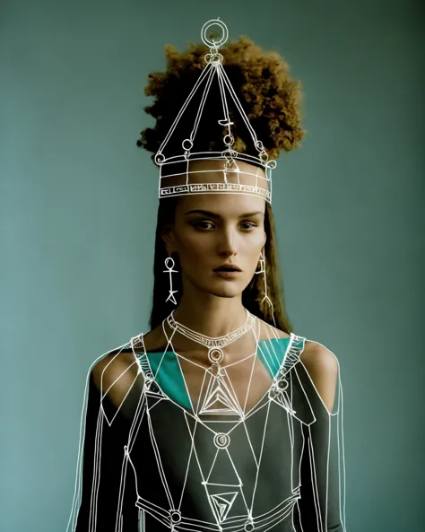 a woman with a geometric headpiece on her head and a necklace on her neck, <lora:Lines_clothes_SD15:1> , lines_clothes