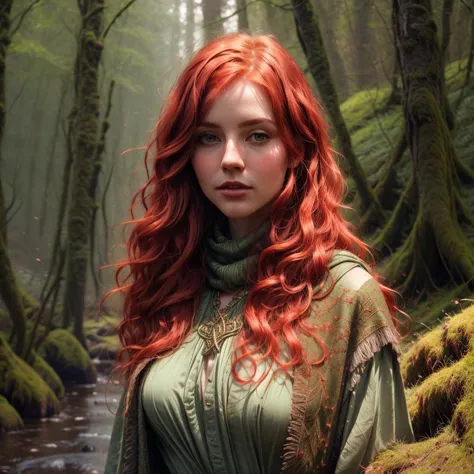 Leanan sÃ­dhe covered in moss, erotic, red hair, seductive, realistic, photorealistic, enchanting, intelligent, charisma, otherw...