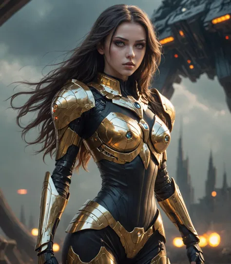 mentixis girl wearing cybernetic armor, beautiful face, beautiful detailed eyes, golden eyes, piercing eyes, looking at viewer, long hair, barer midriff, beautiful detailed legs, battle stance, spaceship bridge, dark background, blurred background,  trending on artstation, <lora:mentixis:1> Goth girl 1girl <lora:Goth_girl-v2S:0.8> makeup, lipstick