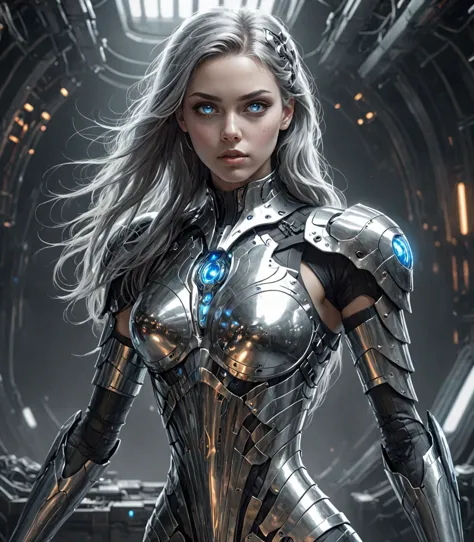 mentixis girl wearing cybernetic armor, beautiful face, (beautiful detailed eyes, grey eyes, piercing eyes, looking at viewer), ...