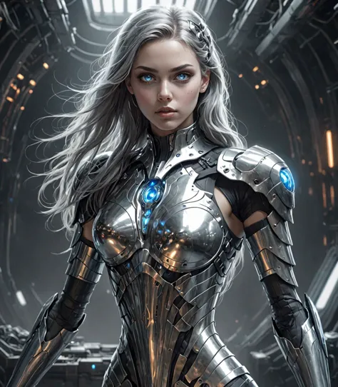 mentixis girl wearing cybernetic armor, beautiful face, (beautiful detailed eyes, grey eyes, piercing eyes, looking at viewer), long hair, bare midriff, beautiful detailed legs, beautiful detailed skin, battle stance, spaceship bridge, dark background, blurred background,  trending on artstation, looking at viewer <lora:mentixis:1> Goth girl 1girl <lora:Goth_girl-v2S:0.8>.
A hyperrealistic digital art piece featuring a provocative and sexy female lead character set against a backdrop of futuristic machinery. The character, poised for battle exudes strength and confidence. The muted color palette with dominant grays and metallic tones is accentuated by the character's blue eyes and luminescent elements on their skin. Soft lighting highlights the high-detail rendering of the metallic textures and reflective surfaces. The composition symbolizes power and readiness, resonating with cultural fascination for technology and strong female figures in fantasy narratives. Comparable to works by Artgerm, Jason Chan, or Kekai Kotaki, featured in ArtStation, DeviantArt, CGSociety, and ImagineFX publications, and honored with Spectrum Fantastic Art and Chesley Awards.