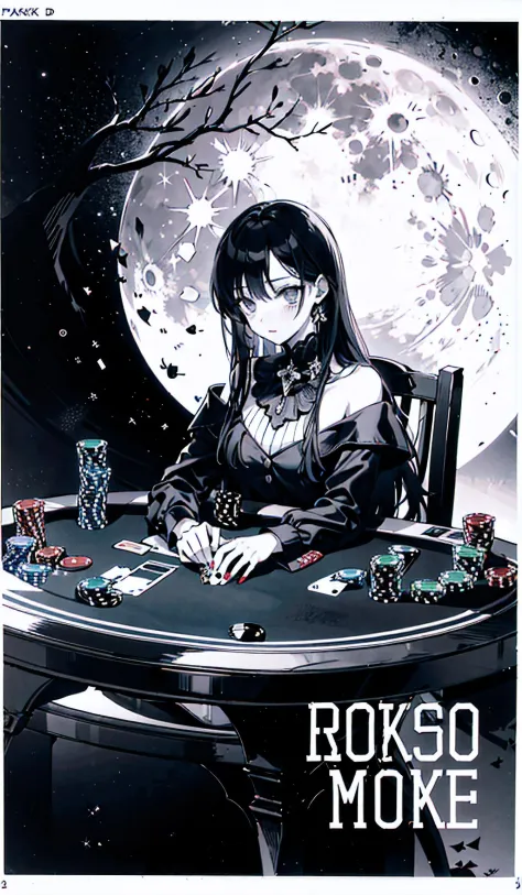 masterpiece,best quality,1girl,(solo:1.5),monochrome,lineart,comic cover,Title,panorama,(Poker style,moon:1.2),<lora:manhuav1.2:...
