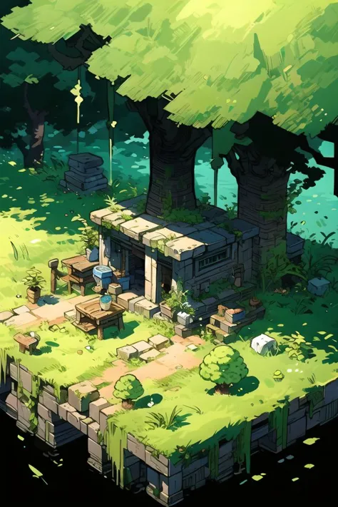 (best quality, ultra detailed), miniature, isometric, landscape, ruin, tree, plant, grass, moss, sky, waterside, <lora:cabin in the woods:0.7>,