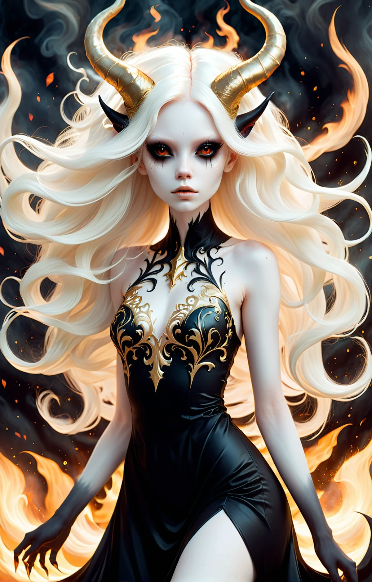 抽象的な幾何学的なグラデーション, (メリッサ・ローネイ), 深い黒い目をした美しい女性の悪魔の暗く陰気な胴体ショット, 非常に白い肌のアルビノ, 風になびく長い髪, 浮遊する火の粒子, 金細工, 黒のラテックスドレス, (長くて複雑な角:1.2) 暗い, 図, シュールなファンタジー