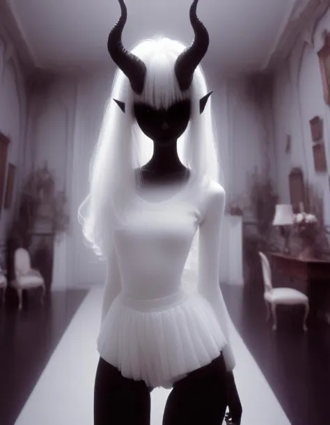 walking through  a decadent mansion , a  very pale white  skin demon girl with black horns, (pitch black eyes:1),( wearing white...