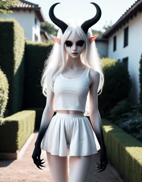 walking through a garden , a very pale white skin demon girl with black horns, (pitch black eyes:1),( wearing white tank , white...