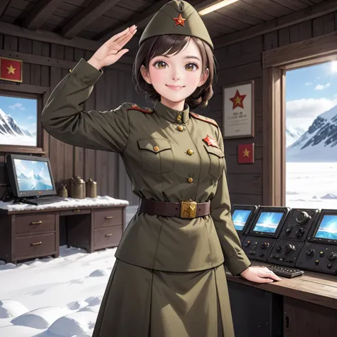 anime girl in uniform standing in front of a desk with a computer