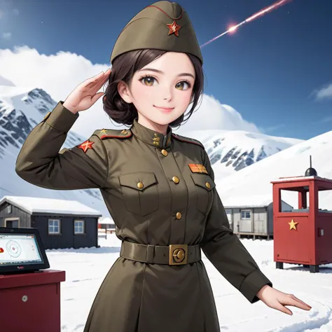 <lora:SDXL 50Soviet Military uniform-000003:0.5>
1girl,solo,Soviet Military uniform, dynamic pose, 2D, animated, Antarctic Base, minecart, magnetic storm coils, smile, salute, 
best quality, high quality, highres, masterpiece,
looking at viewer, facing viewer,