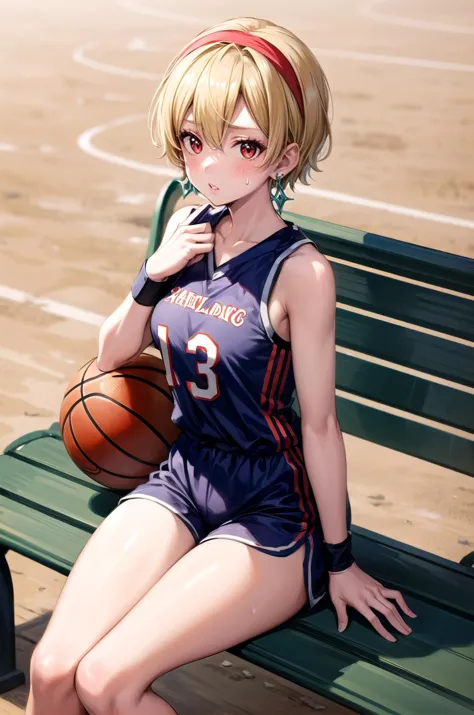 anime girl sitting on a bench with a basketball ball in her hand