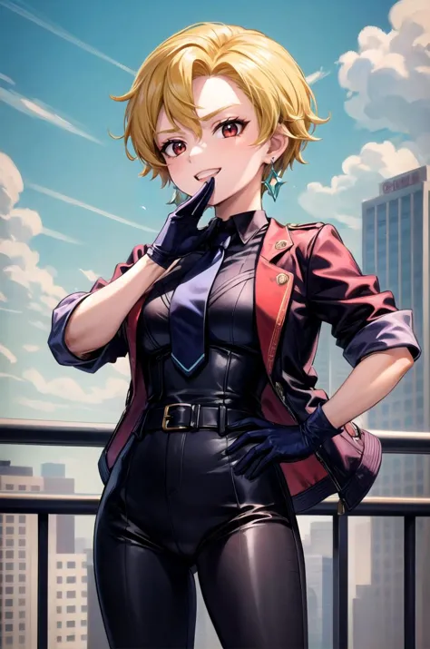 (masterpiece, best quality, detailed), 1girl, solo, looking at viewer, briar, blonde hair, red eyes, short hair, earrings,
short sleeves, black pants, (black necktie, red shirt, red gloves, jacket on shoulders, black jacket), outdoors, rooftop, day, cityscape, blue sky, cloud, scenery, railing, <lora:OjouSamaPose:1>, ojou-sama pose, laughing, hand on hip, naughty face, smug