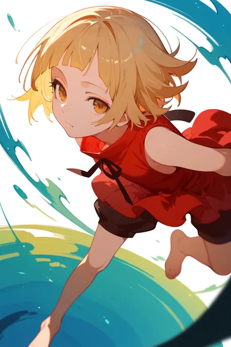 (score_9,score_8_up,score_7_up,),<lora:shinobu short hair>,shinobu,blunt bangs,red dress,blonde hair,short hair,barefoot,yellow eyes,shorts,sleeveless,taking_picture,