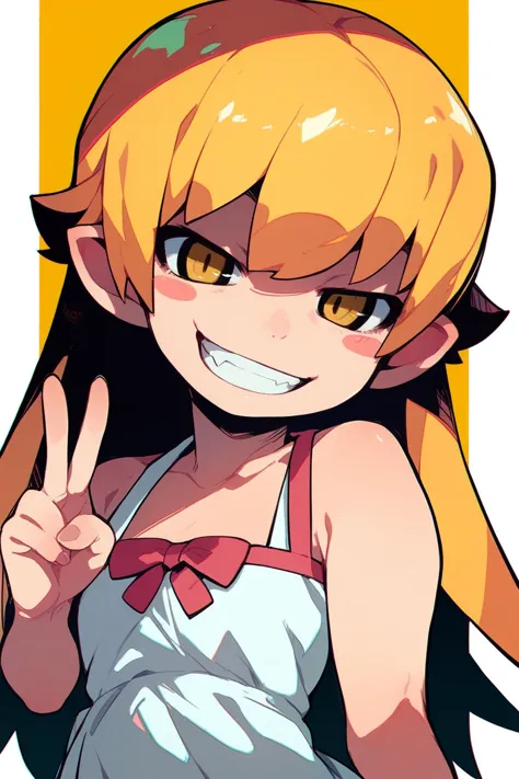 (score_9,score_8_up,score_7_up,),<lora:shinobu:0.9>,oshino shinobu,long hair,solo,blonde hair,yellow eyes,pointy ears,dress,white dress,blush stickers,bare shoulders,portrait,v,fang,grin,<lora:zankuroXLP6_lokr_V4236:0.6>,