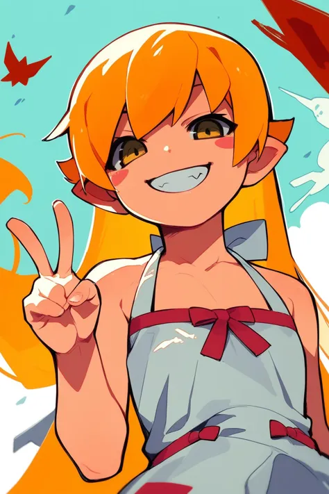 anime girl with orange hair and blue eyes making a peace sign