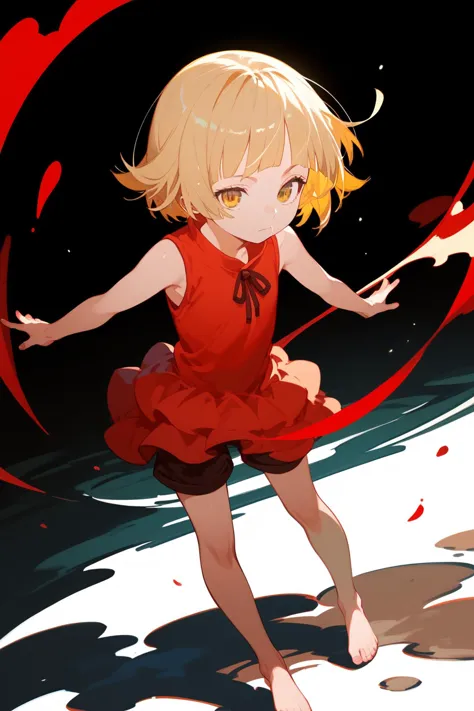 (score_9,score_8_up,score_7_up,),<lora:shinobu short hair>,shinobu,blunt bangs,red dress,blonde hair,short hair,barefoot,yellow eyes,shorts,sleeveless,taking_picture,