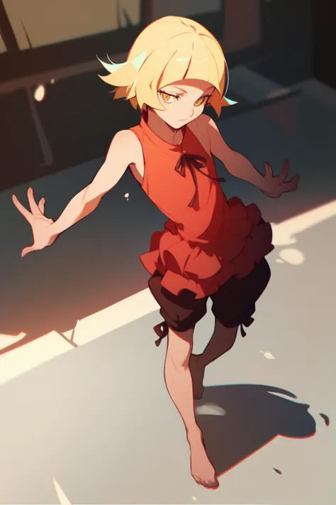 (score_9,score_8_up,score_7_up,),<lora:shinobu short hair:1>,shinobu,blunt bangs,red dress,blonde hair,short hair,barefoot,yellow eyes,shorts,standing,sleeveless,standing_split,