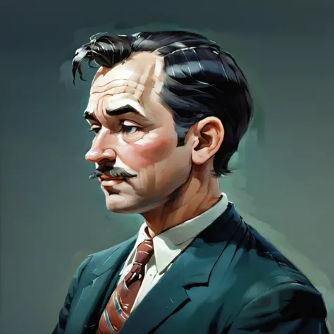 a close up of a man in a suit and tie with a mustache