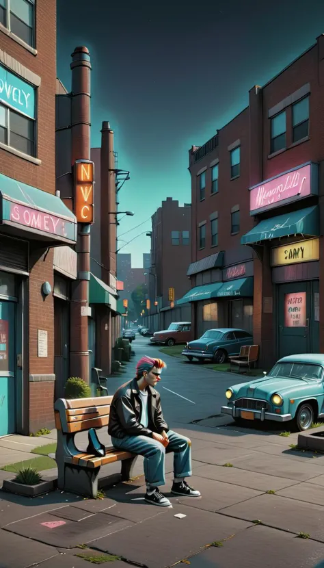 anime style picture of a man sitting on a bench in a city