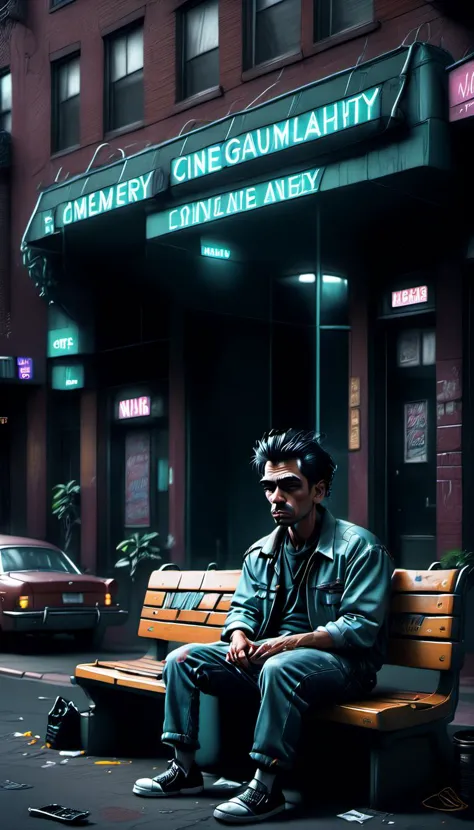 there is a man sitting on a bench in front of a cinema